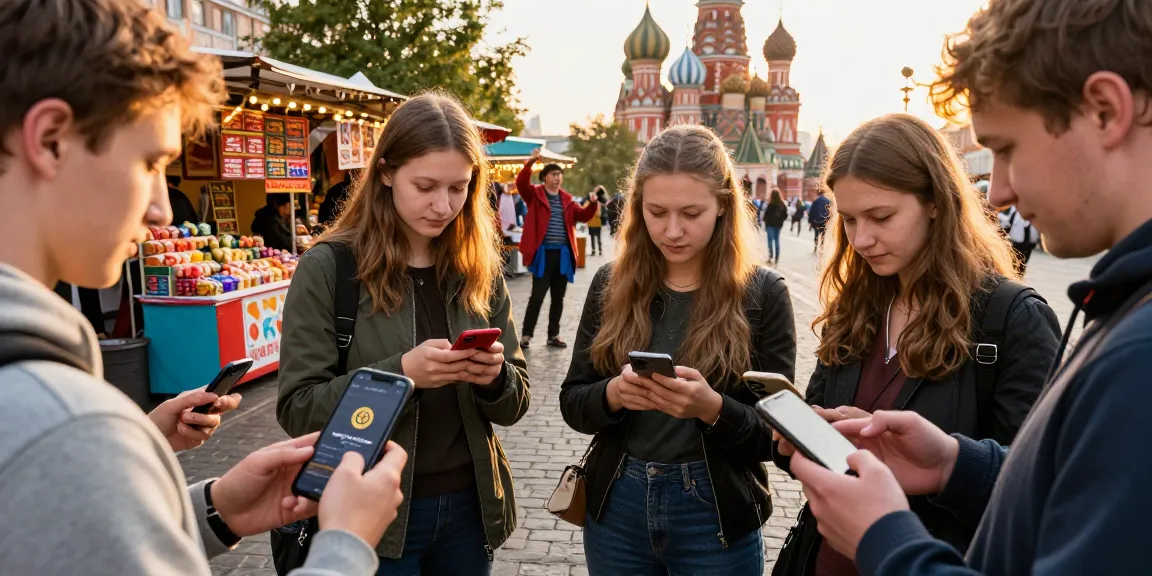 Pembayaran menggunakan https://payinrussia.com/ di sudut jalan Moskow yang ramai, dengan wisatawan menggunakan aplikasi pembayaran digital.