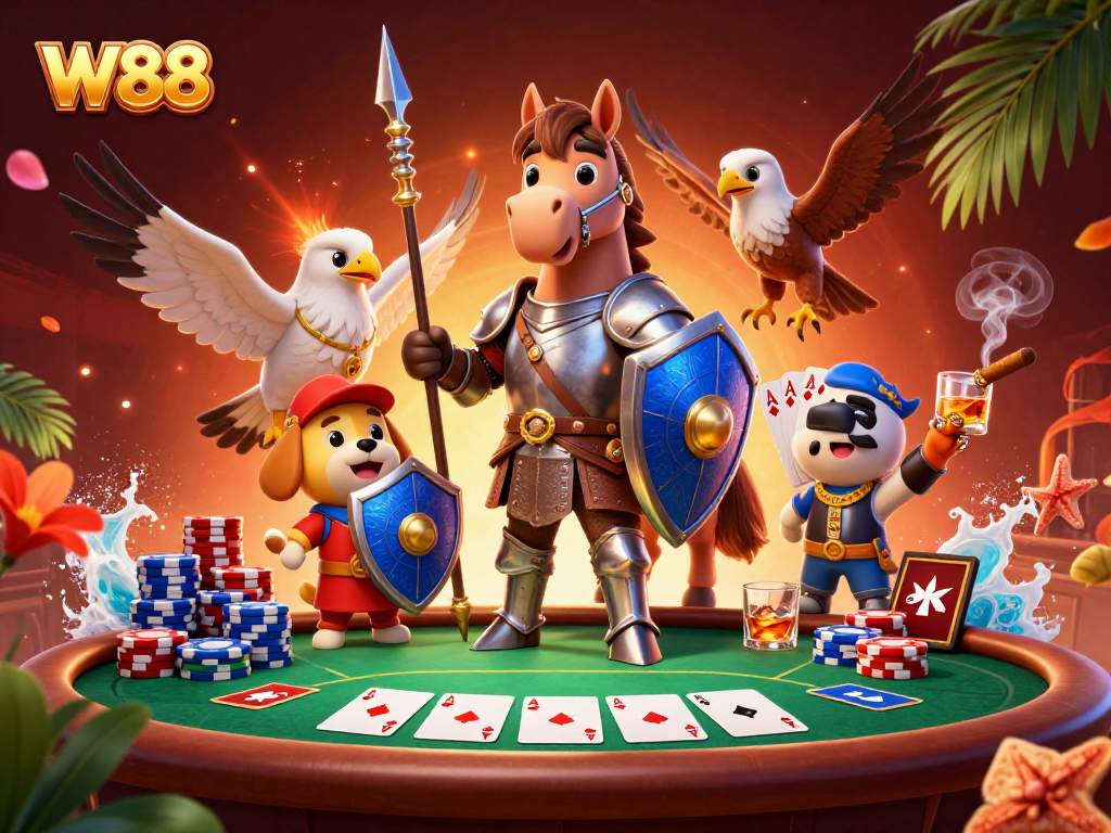 Experience thrilling gameplay with W88's dynamic casino scene featuring knights and poker elements.