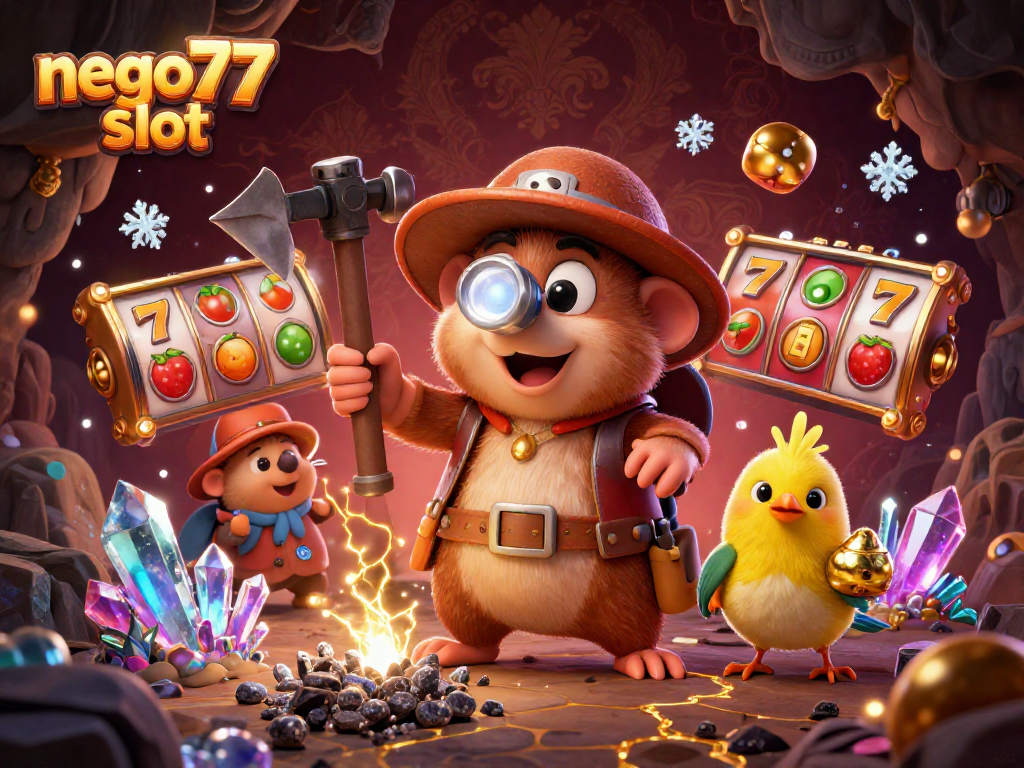 Engage in the exciting world of nego77 slot with a vibrant illustration of a treasure hunter mole and golden treasures.