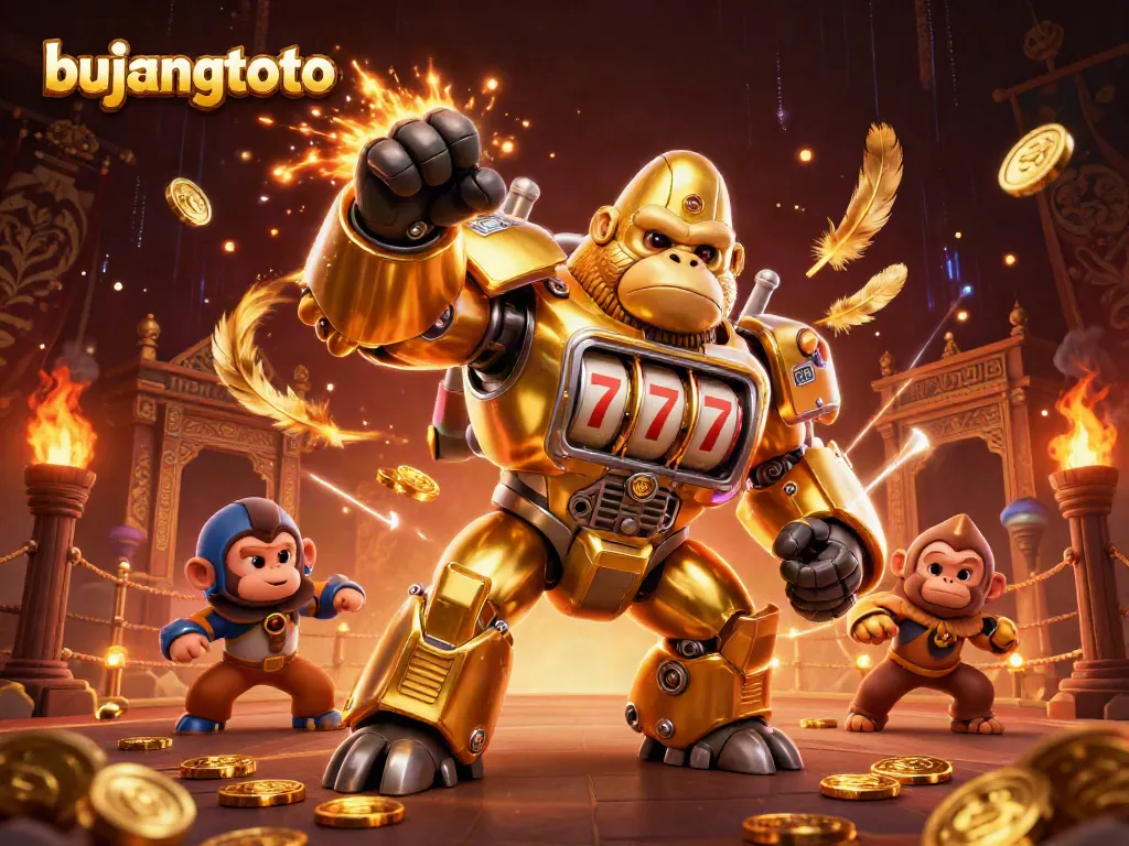 Witness an explosive moment in bujangtoto with a golden gorilla mech and vibrant casino chaos.
