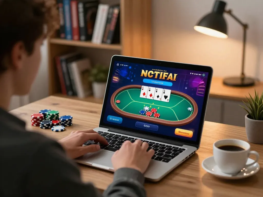 Engaging with togel online terpercaya on a laptop in a stylish home office.