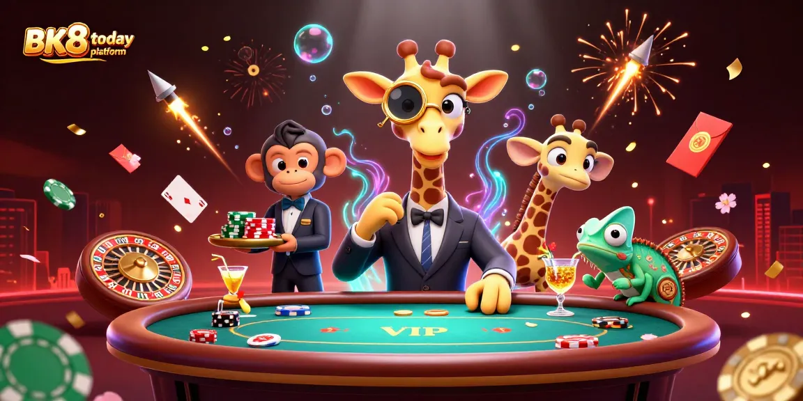 Experience excitement at the BK8.today platform with a vibrant scene of a high-roller giraffe playing poker.