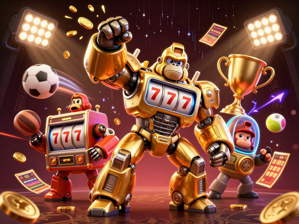 MENGHASILKAN peluang unggul MERIAHTOTO dengan gorila emas mech dan bola olahraga beraksi.