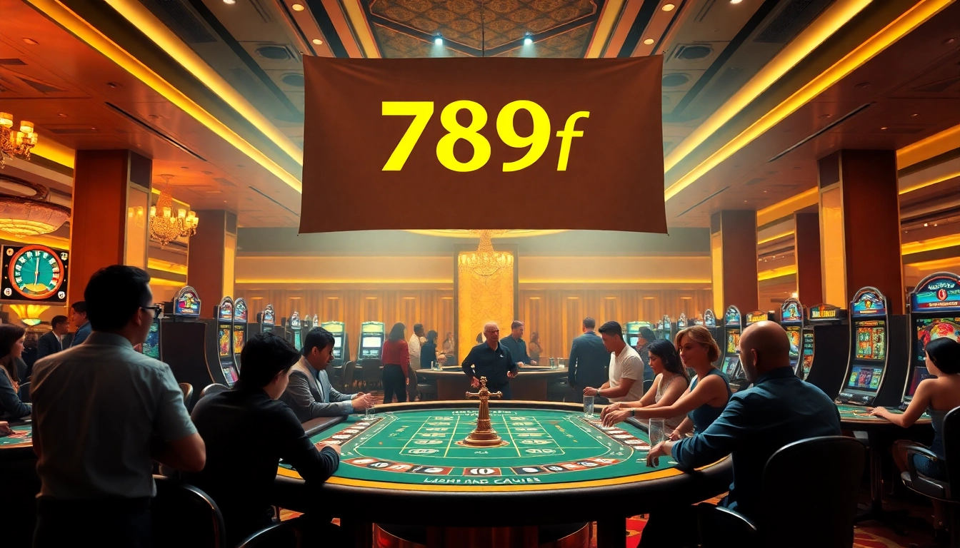 Engaging players enjoying gambling at 789f casino, with vibrant slot machines and roulette tables.