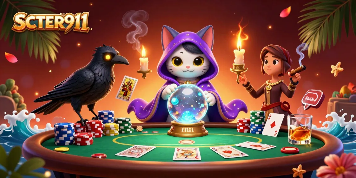 Engage in thrilling action with SCATTER911 as poker elements surround a mystic scene.