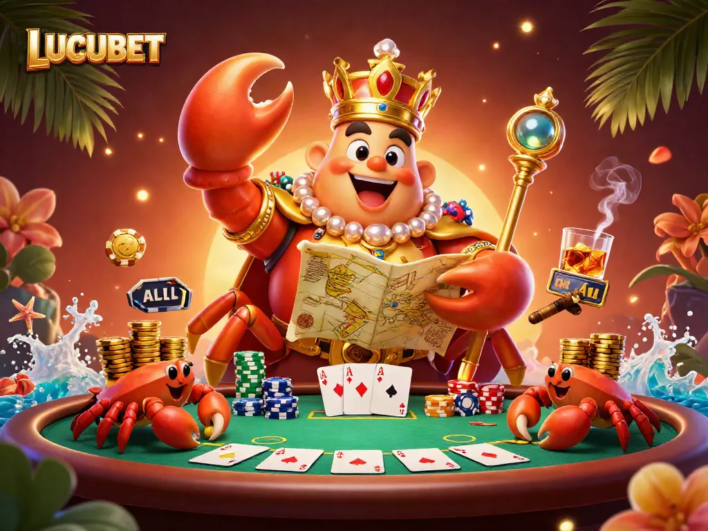 LUCUBET features a golden crab emperor surrounded by luxurious poker elements in a vibrant 3D illustration.
