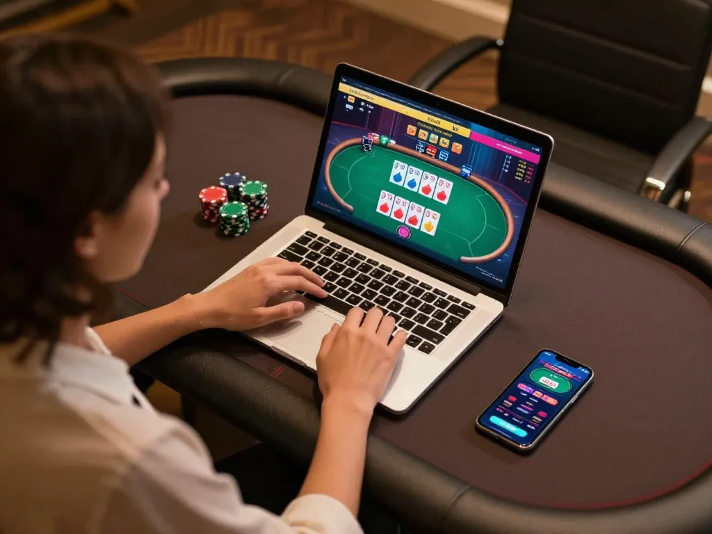 Player strategizing and placing bets on qq alfa poker game while comfortably seated at a modern desk.