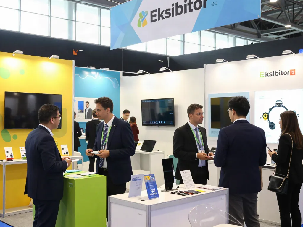 Eksibitor booths at a busy trade fair with networking attendees and vibrant displays.