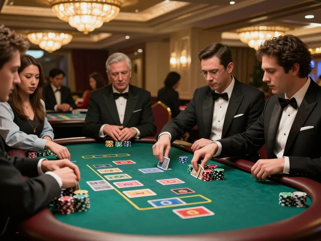Players enjoying a thrilling baccarat game at a luxurious casino, showcasing alfa 138's upscale gaming experience.