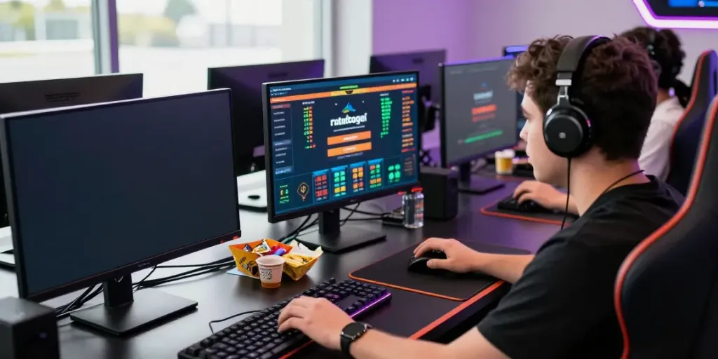 Layar komputer menunjukkan antarmuka ratutogel login dengan fokus pemain di kursi gaming.