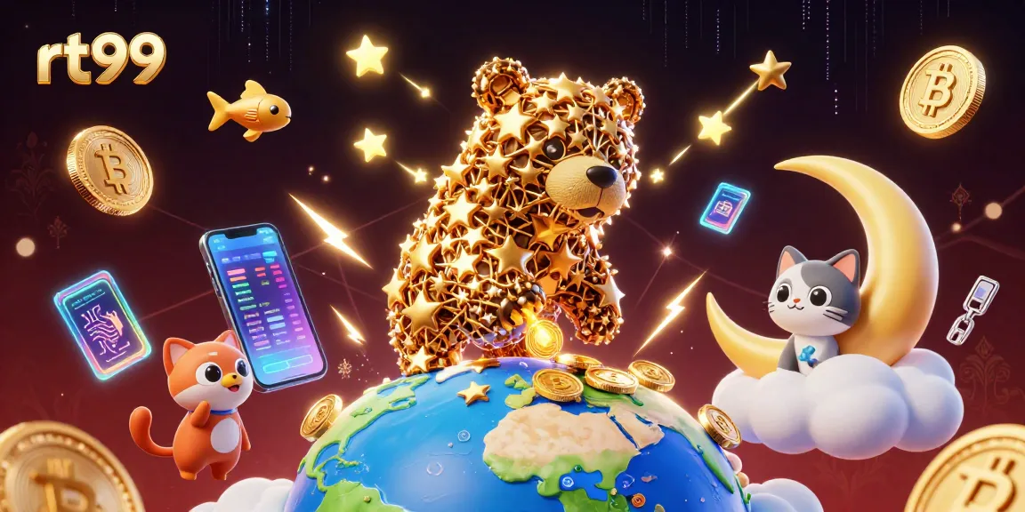 Engage with RT99's thrilling games in a vibrant 3D casino illustration, showcasing crypto elements.