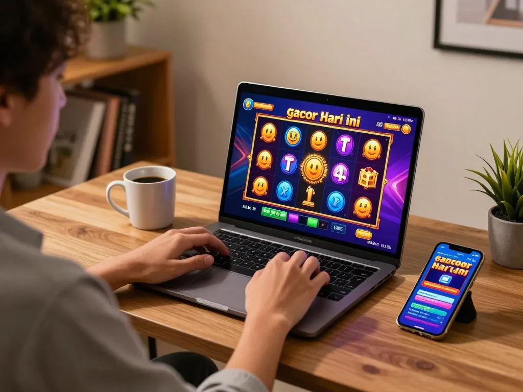 Engaging in slot gacor hari ini gameplay on a laptop at home, highlighting modern online gaming.
