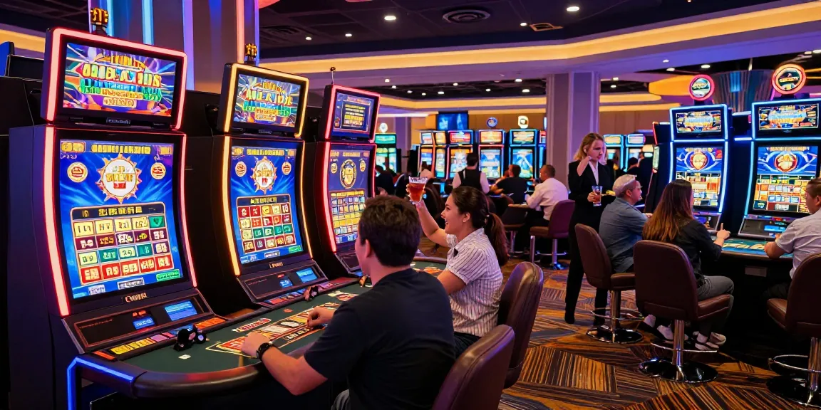 Players enjoying situs slot machines in a lively casino environment filled with excitement and vibrant colors.