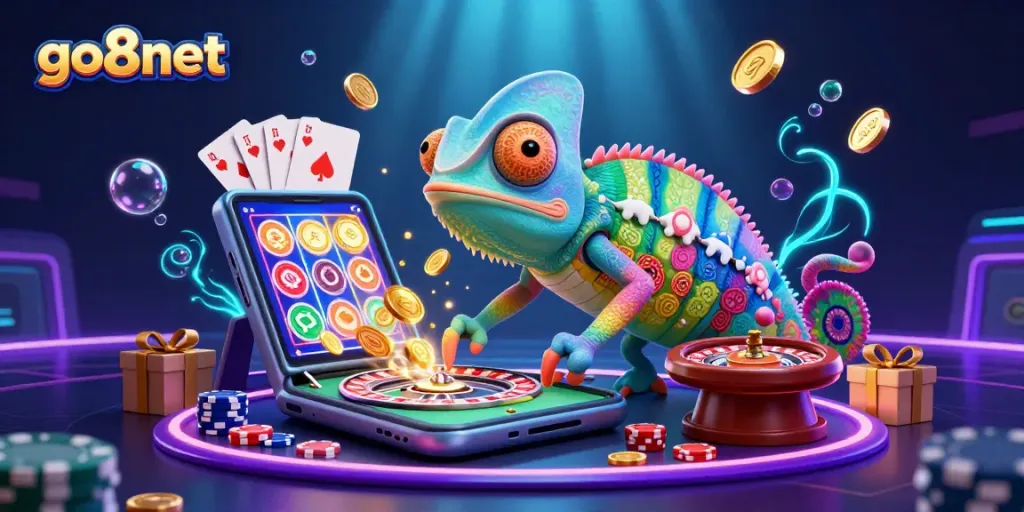 Experience the thrill of go8net with an exciting casino scene featuring colorful characters and games.