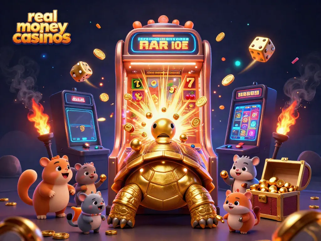 Exciting scene of real money casinos with a giant tortoise, slot machines, and golden elements