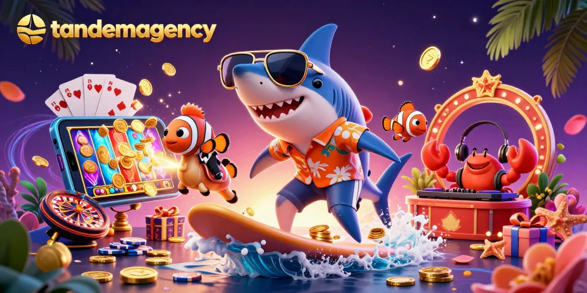 Tandemagency presents a vibrant 3D casino scene with dynamic characters surfing through gold coins, celebrating the thrill of gaming.