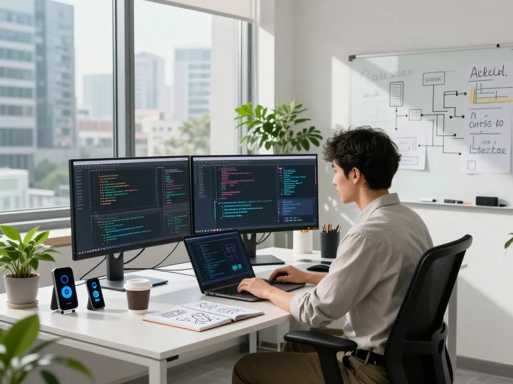 Focused programmer working on crush ai software in a bright tech office with multiple screens