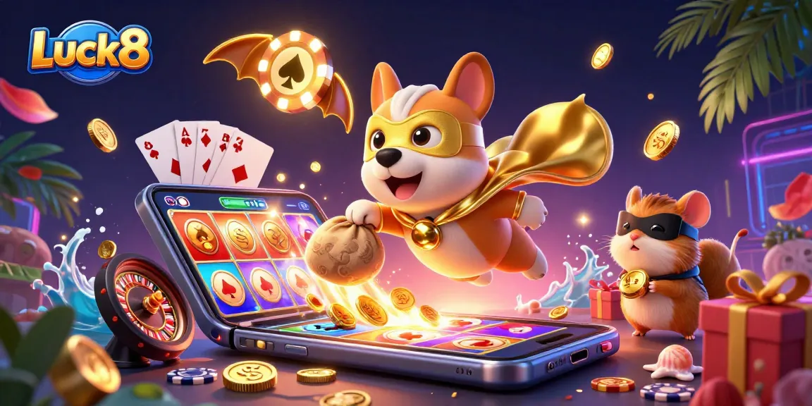 Engage with the excitement of Luck8 as a heroic dog delivers gold coins in a colorful casino scene.