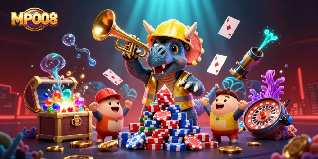 MPO08 showcases vibrant 3D characters amidst casino elements like poker chips, cards, and gold coins.