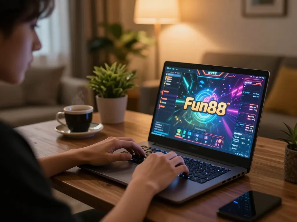 Engaged player enjoying Fun88 online casino games on a cozy laptop setup, highlighting a vibrant gaming atmosphere.