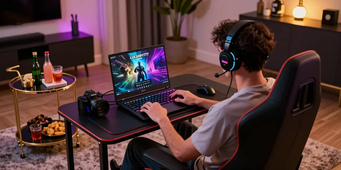 Pengaturan permainan online mewah dengan Link LUXURY777, menunjukkan seorang gamer fokus di laptop dan aksesori modern.