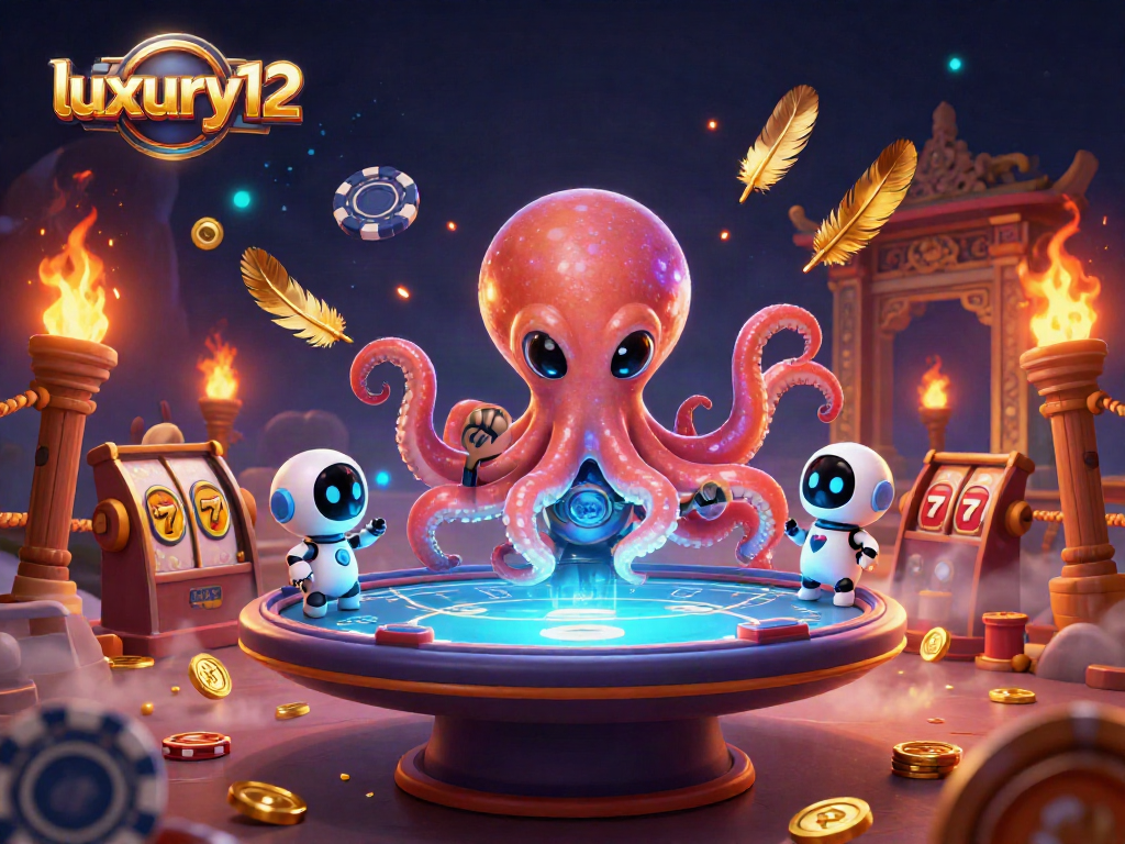 Play poker with luxury12 as the alien octopus dealer at a holographic table amidst vibrant cosmic elements.