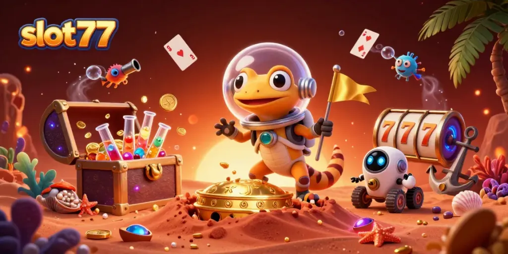 Permainan slot777 yang menarik dengan Martian gecko dan elemen kasino mewah.