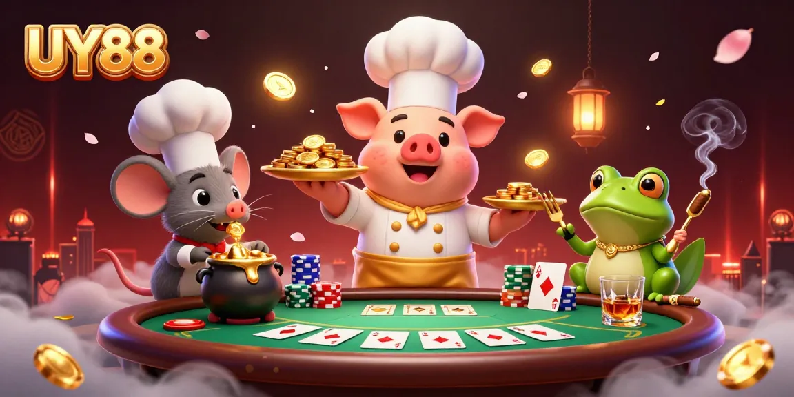 Experience UY88's thrilling casino atmosphere with chefs and vibrant gaming elements