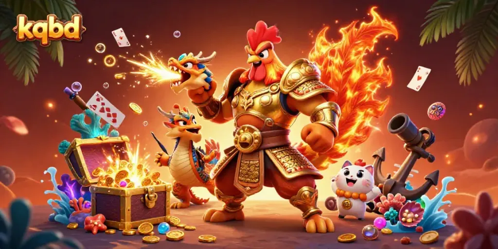KQBD showcases thrilling wins with a cartoon rooster warrior, dragon hatchling, and treasure, igniting excitement.