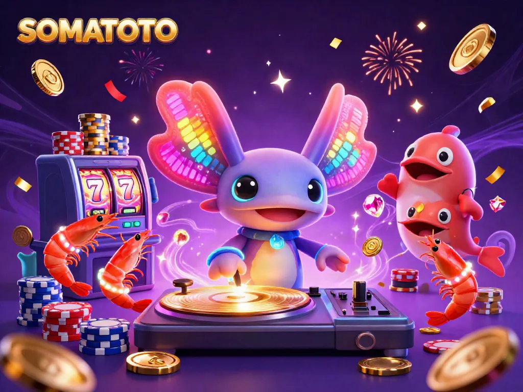 Engage with SOMATOTO's vibrant 3D casino scene featuring dynamic characters celebrating with golden coins and slot reels.