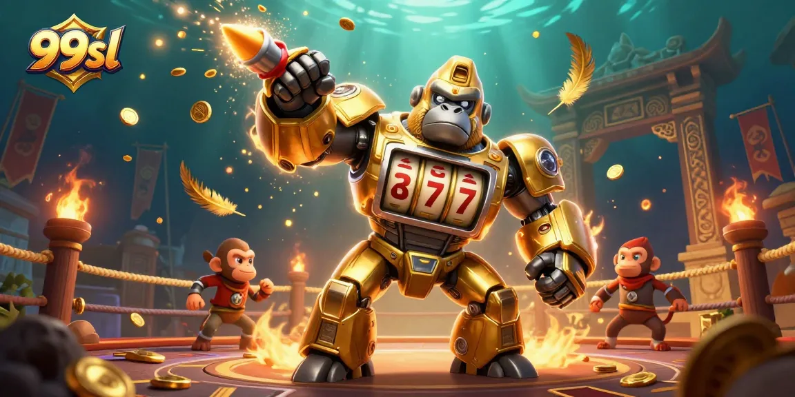 Experience thrilling gameplay with 99sl as a golden mech unleashes jackpot excitement amidst dynamic casino elements.