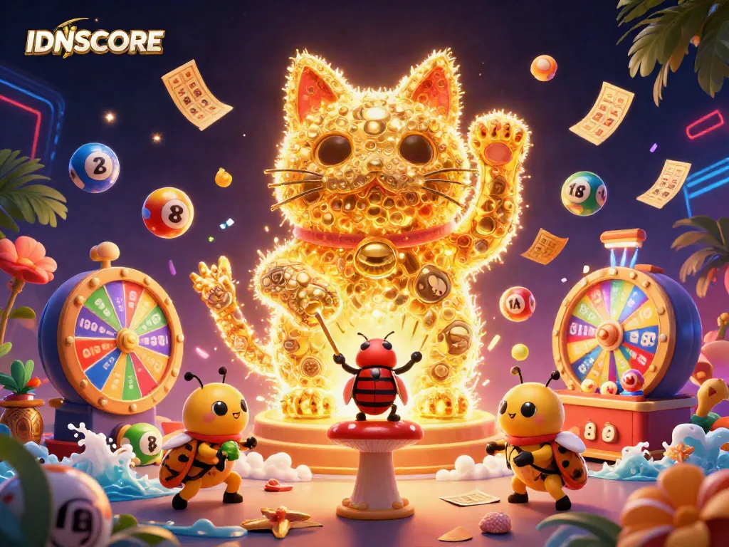 IDNSCORE showcases vibrant casino elements and a lucky cat in a dynamic illustration.