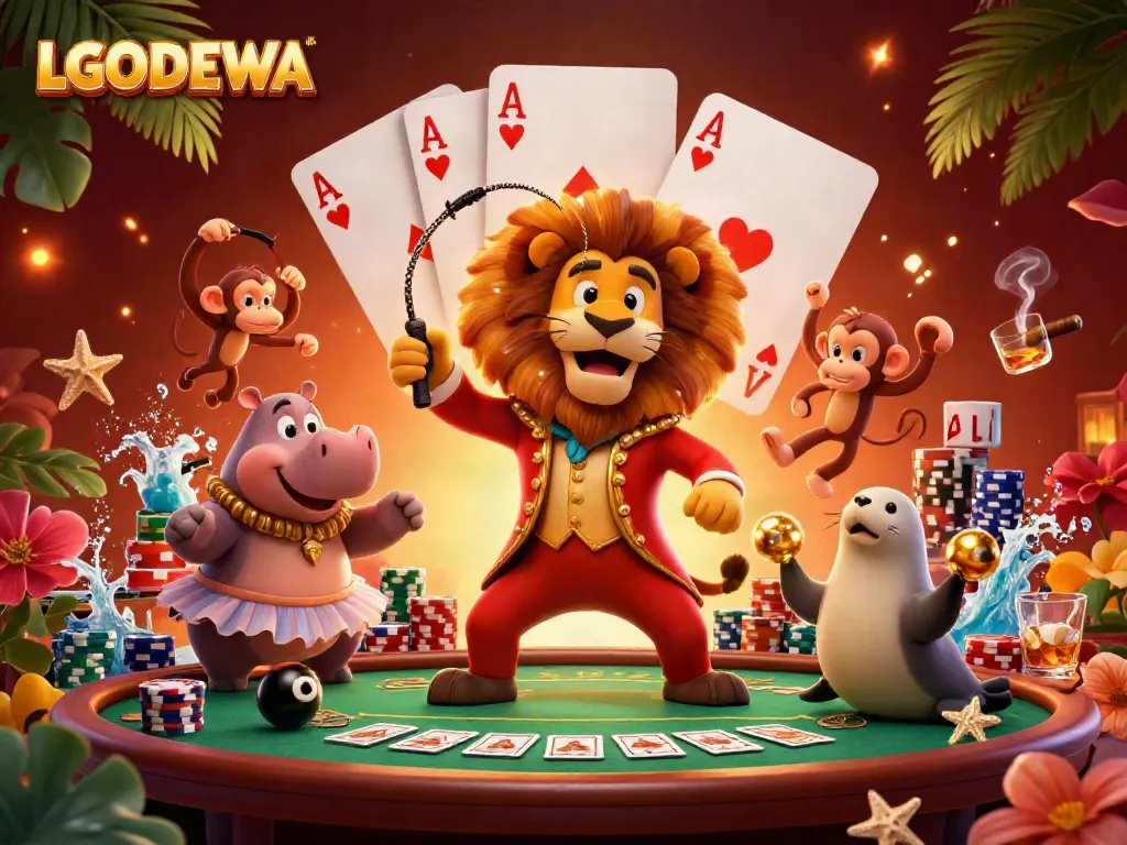 Engage with LGODEWA's vibrant casino scene featuring animated characters enjoying classic gaming action.