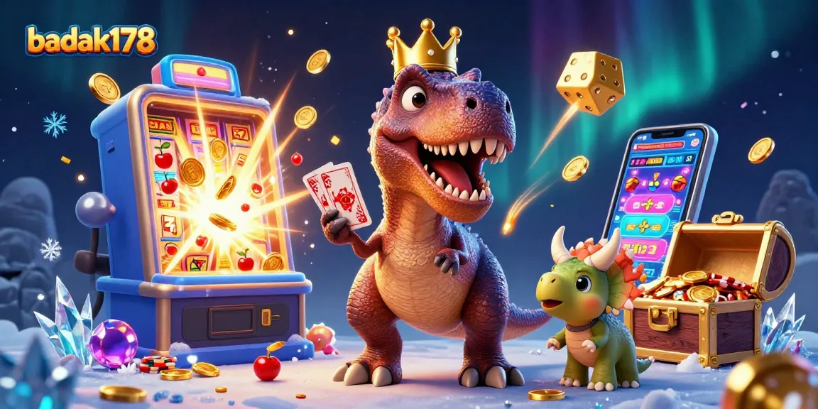 Engage with exciting games at badak178, featuring a fun 3D scene of a dinosaur card game.