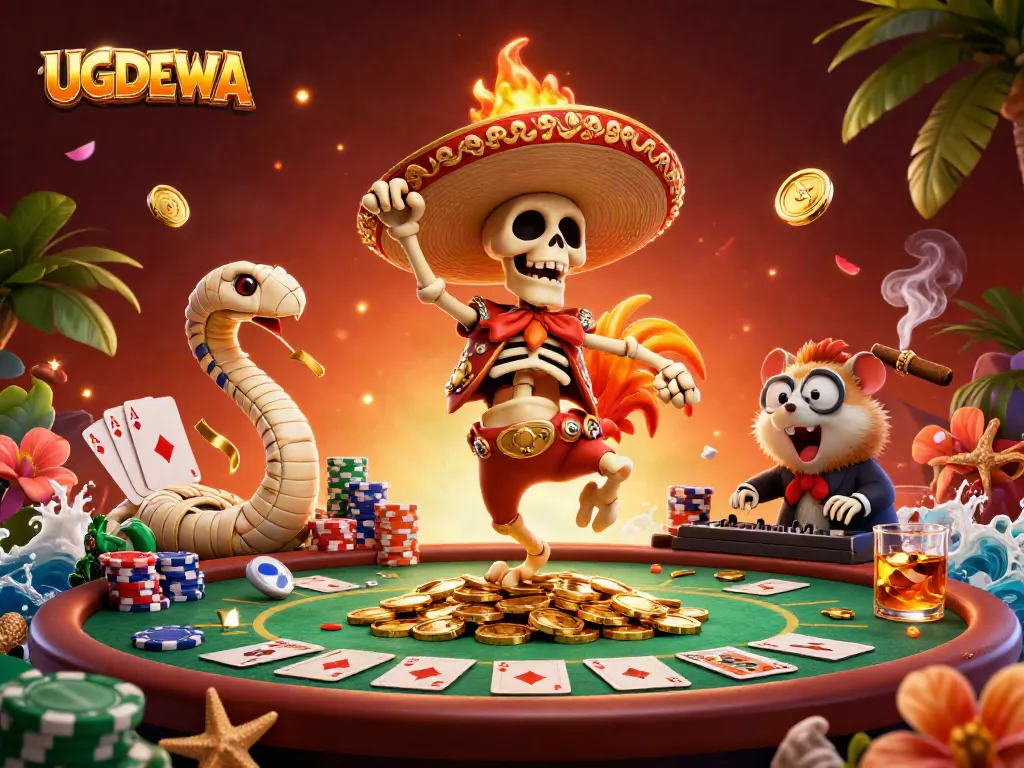 Experience a lively victory dance scene showcasing UGDEWA characters with a festive poker environment.