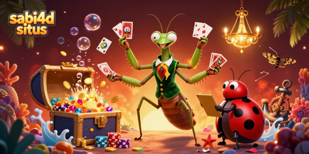 Ilustrasi 3D penuh detil mencakup karakter utama "sabi4d situs" bermain kartu dan kasino dalam suasana meriah.