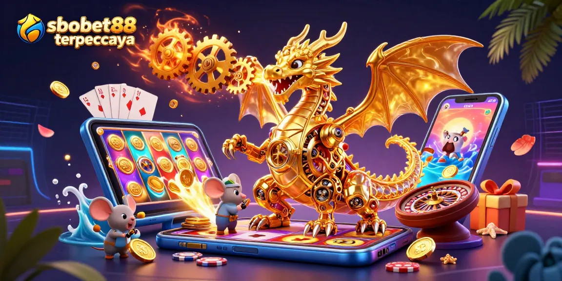 Experience sbobet88 terpercaya with a vibrant illustration showcasing sports betting excitement and casino elements.