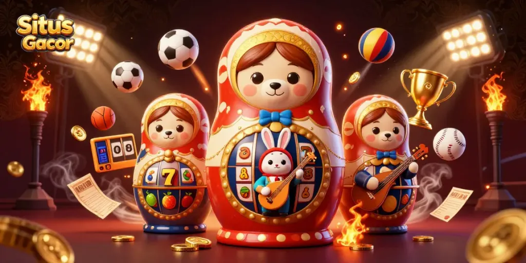 Situs Slot Gacor menciptakan suasana seru dengan beruang Matryoshka dan dealer kasino di antara simbol slot