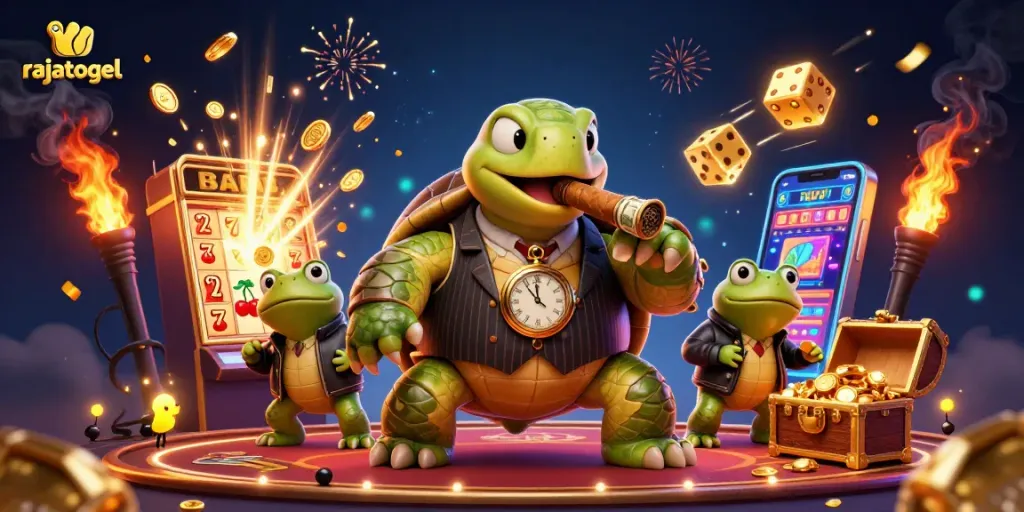Engage in thrilling gameplay with rajatogel, where cartoon characters and vibrant casino elements create a lively atmosphere.