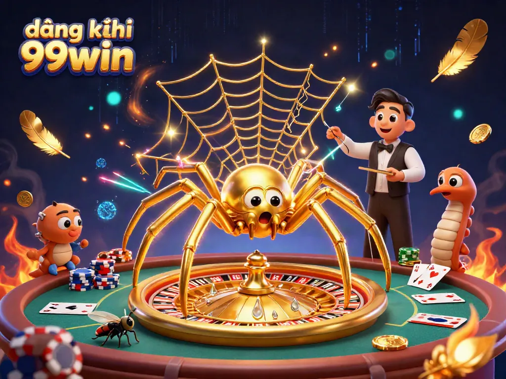 Bet on đăng ký 99win with a golden spider and croupier in a lively casino scene.