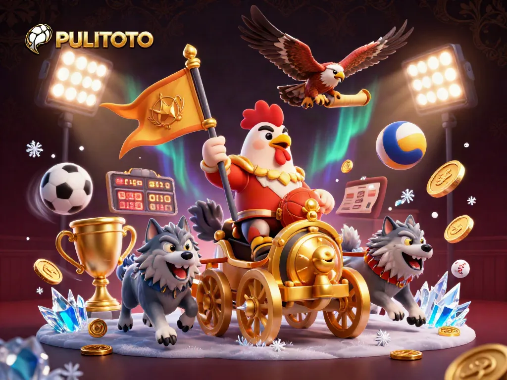 PULITOTO champions sports betting with animated characters, dynamic elements, and vibrant gaming themes.