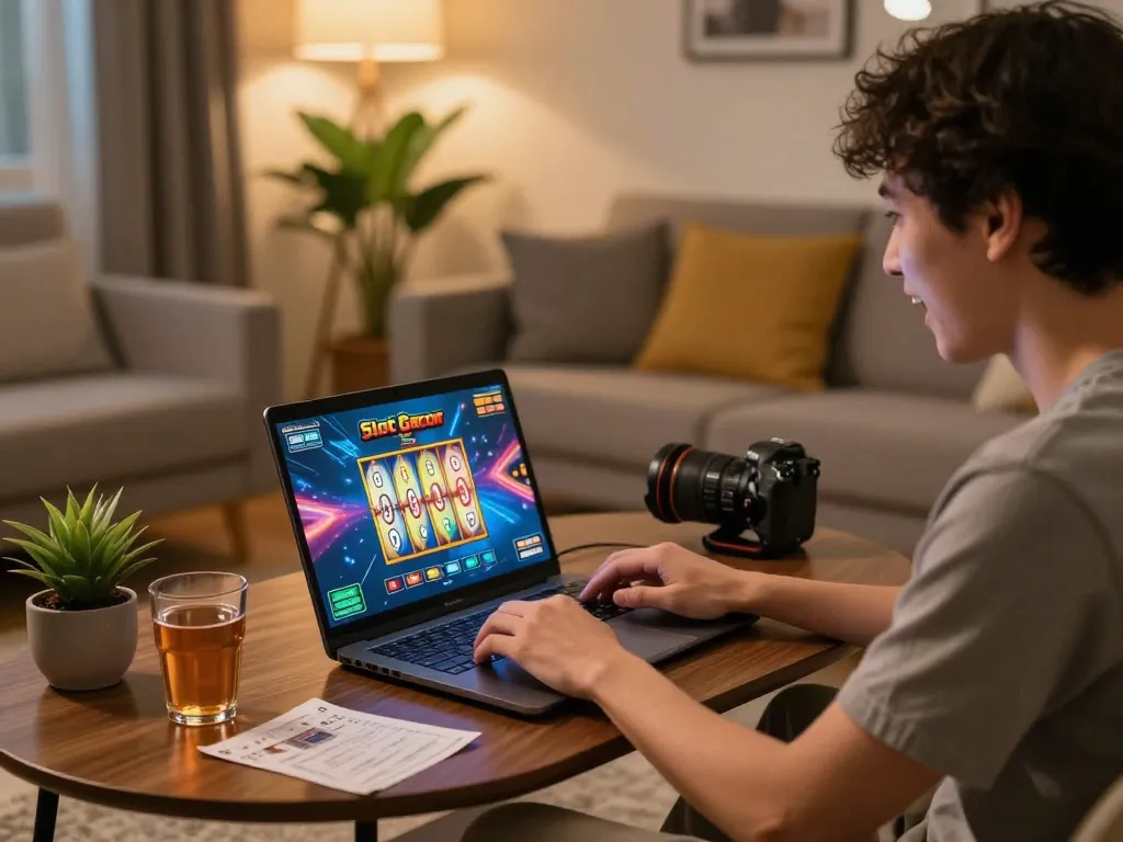 Player enjoying Slot Gacor on a laptop, immersed in an online casino experience at home.