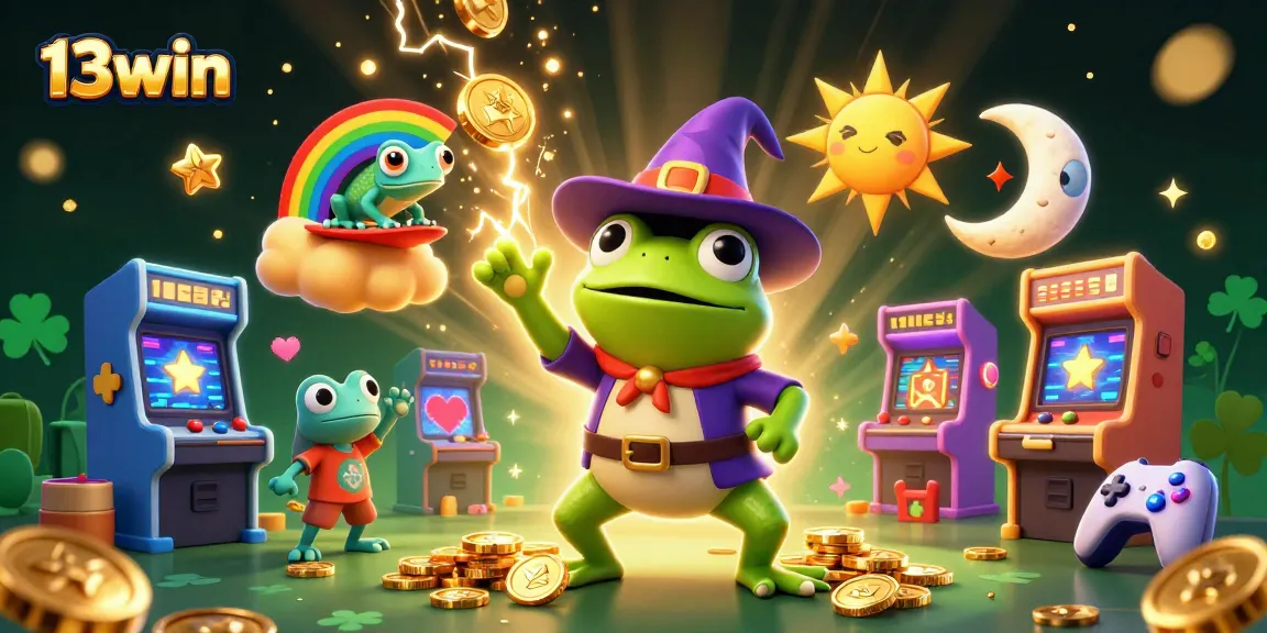 Win big with 13win as a weather wizard frog conjures golden coins in a vibrant casino scene.