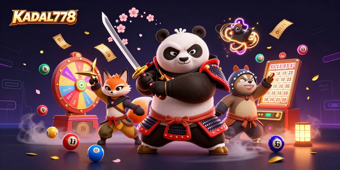 KADAL778 showcases an engaging gambling scene with a samurai panda, ninja fox, and spirit tanuki amid dynamic lottery elements.