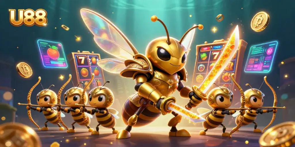 Engage with U88's vibrant slots showing golden hornet samurai and bee archers in action.