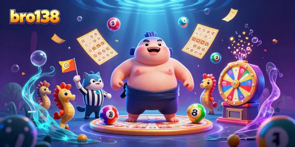 bro138 showcases an exciting underwater lottery scene with a fugu and catfish, conveying vibrant gambling energy.