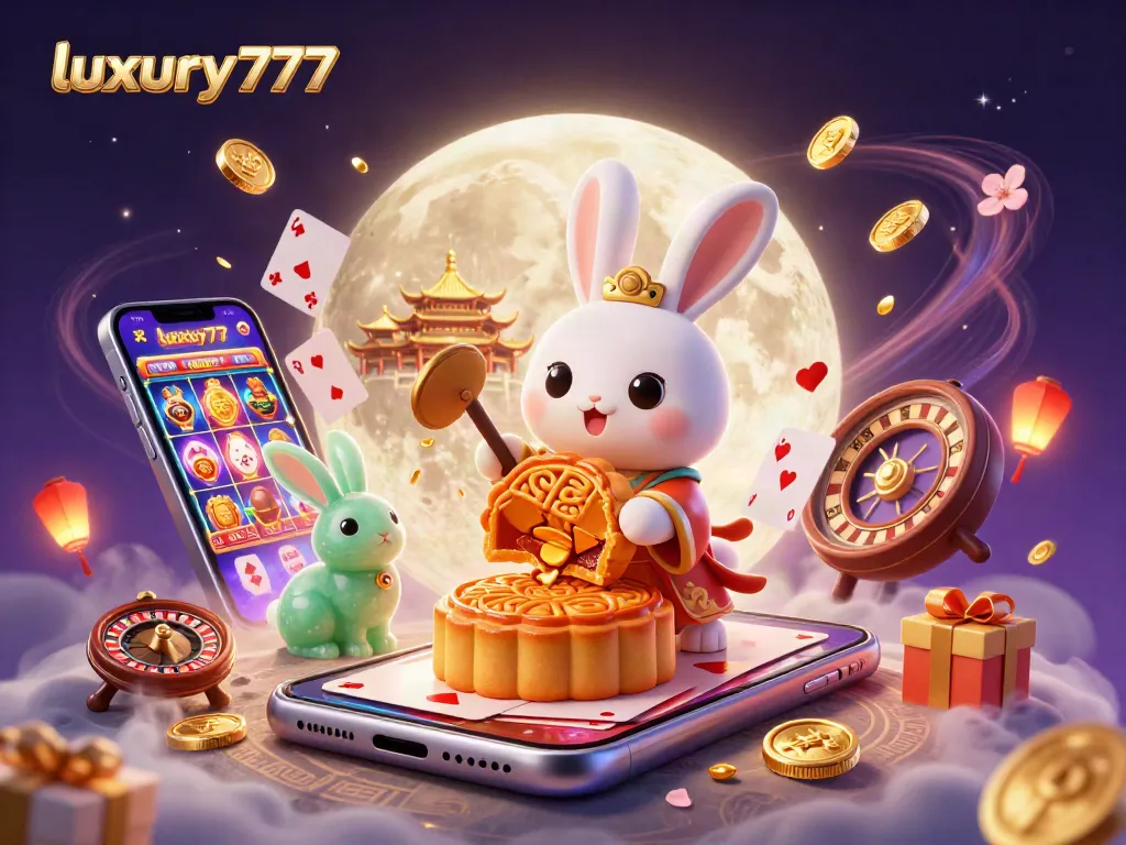 Play luxury777 slots with a vibrant moon rabbit theme featuring poker chips and golden coins.