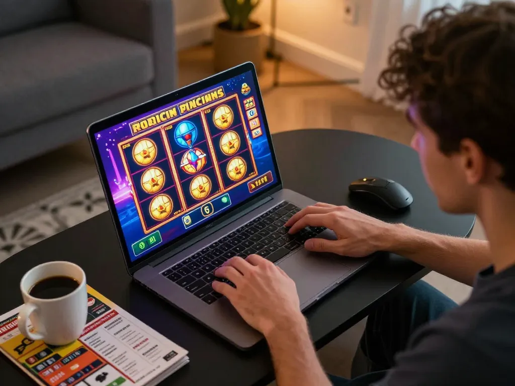 Berinteraksi dengan permainan slot spaceman di laptop dalam pengaturan rumah yang nyaman