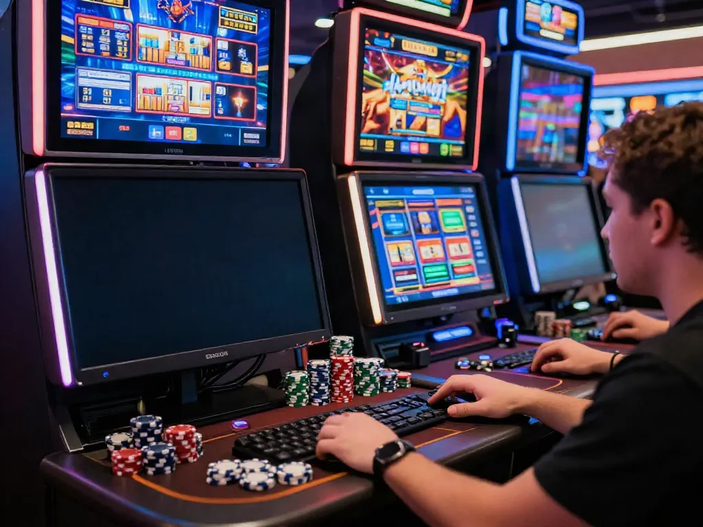 Pengunjung slot88 sedang bermain game slot online di komputer dengan suasana ceria dan penuh warna.