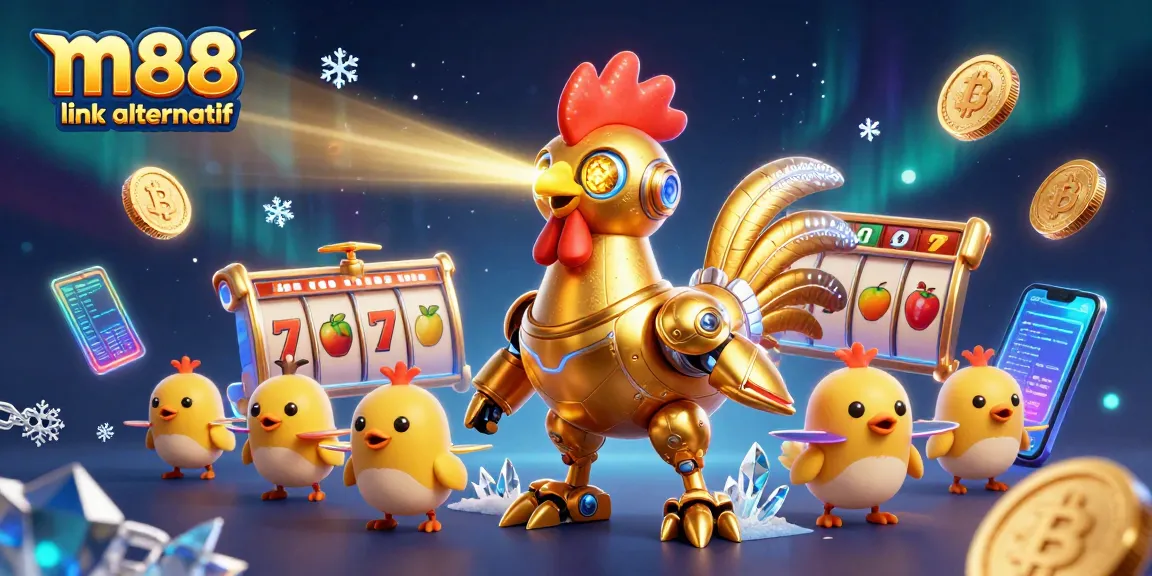 Engage with the vibrant world of m88 link alternatif where cartoon rooster robots and baby chick drones fly amidst dynamic slot game elements.